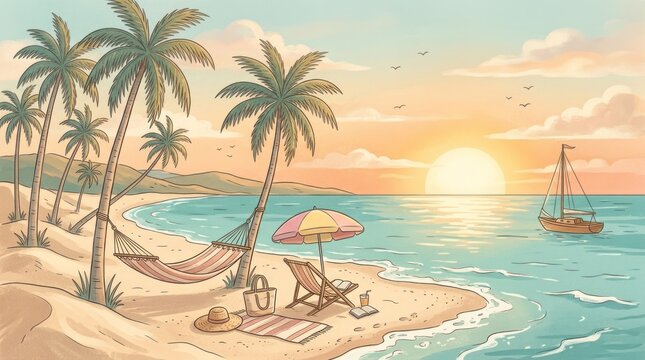 A serene beach scene with palm trees, a hammock, and a sailboat at sunset.