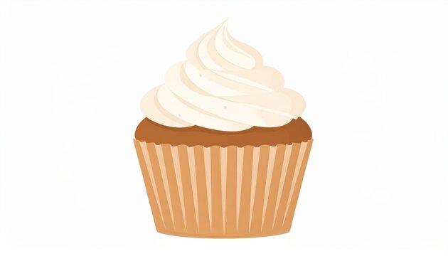 Sweet vanilla cupcake with swirling white cream frosting and a brown cake base isolated on a white background