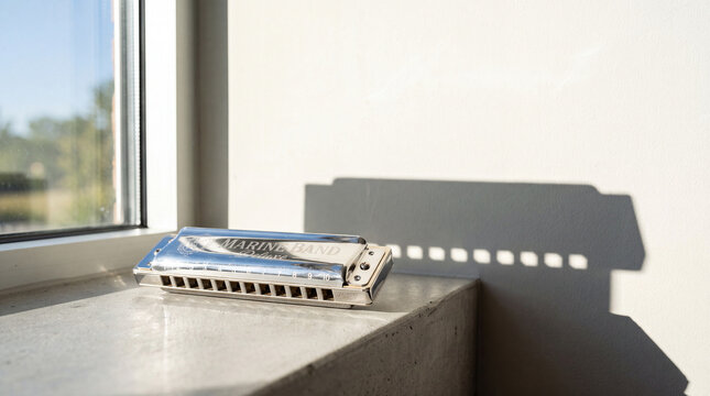 Metal harmonica on a concrete window sill casting a grid shadow representing blues music and creative art