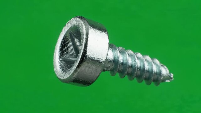 Metallic socket head screw rotating slowly on a vibrant chroma key green screen background for professional compositing