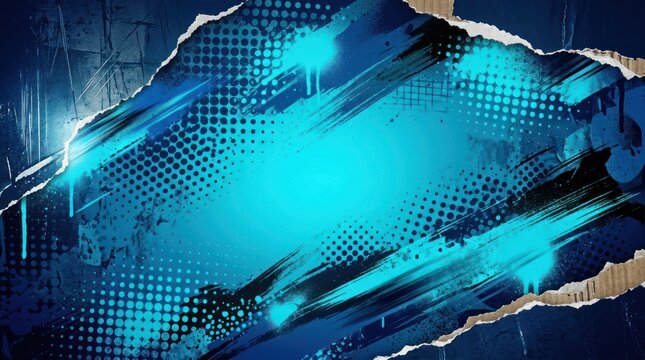 A blue and turquoise abstract background with grunge textures and splatters.