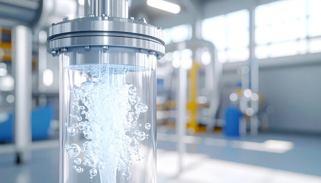 Industrial Flow: A clear liquid with bubbles vigorously flows through a transparent pipe within a sterile industrial facility, showcasing a dynamic process in a high-tech environment.