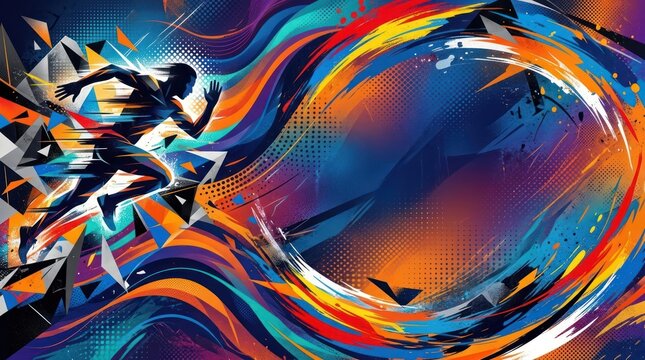 A vibrant, abstract digital artwork featuring a runner in motion against a colorful, geometric background.