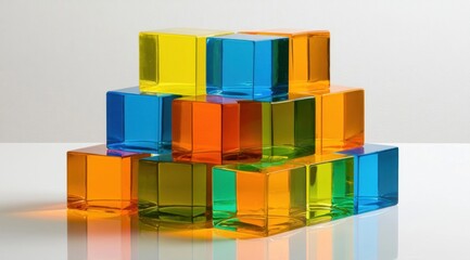 Fototapeta premium Twelve translucent colorful plastic cubes stacked in a pyramid on a reflective white surface