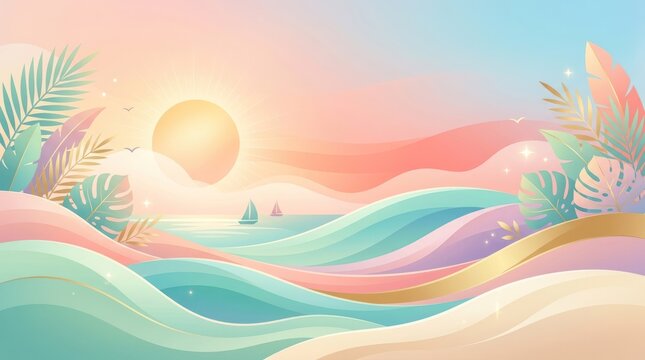 A vibrant, colorful beach scene with a sailboat and palm trees under a clear blue sky.