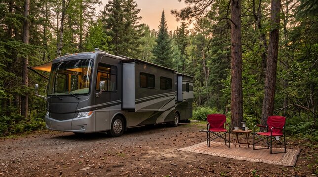 Cozy rv camping setup in serene forest environment