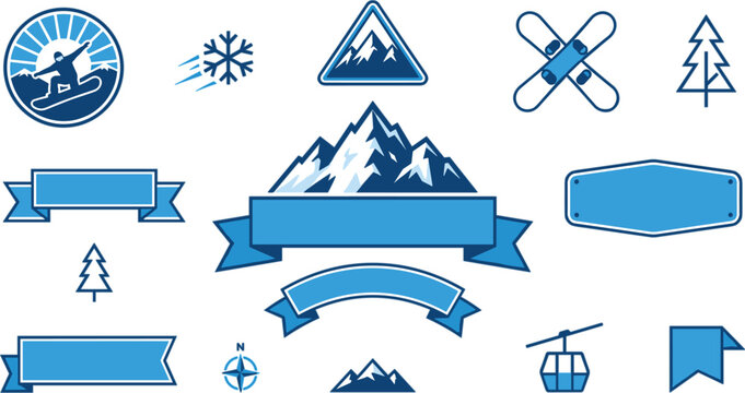 Ski resort and mountain winter sports badges cartoon vector illustration