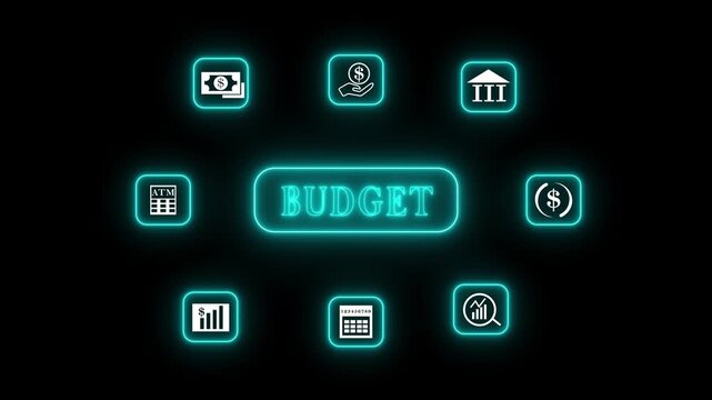 Personal Budget Planning Dashboard Animation with Financial Management, Banking, Expense Tracking, Savings, Investment, Analytics and Money Management Icons on Black Background . 4K Motion video.