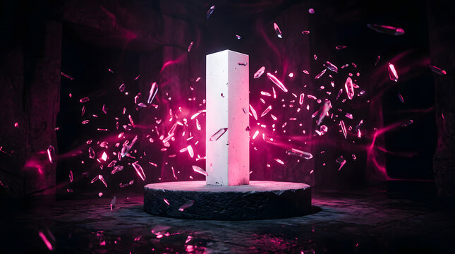 Glowing monolith with exploding pink crystals on dark pedestal