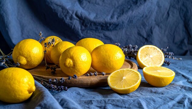 Fresh Lemons with Purple Flowers Wooden Tray