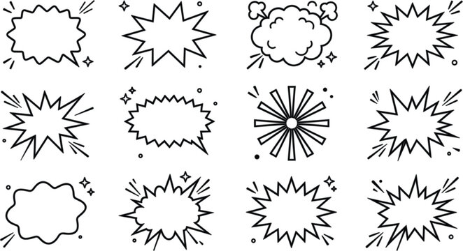 Comic book explosion speech bubbles line art cartoon vector illustration set