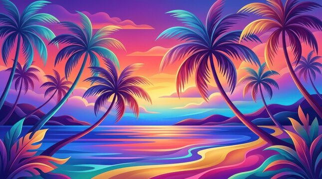 A vibrant tropical sunset with palm trees and a beach.