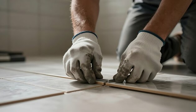 Tiler carefully inserts wooden spacers between large format floor tiles to maintain consistent grout lines during a modern home installation.