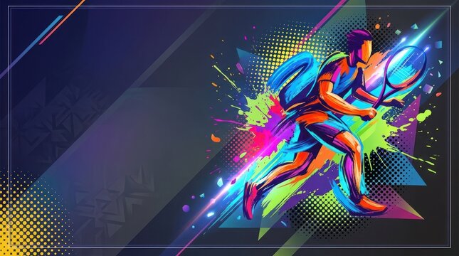 A vibrant, abstract tennis player in action, with a dynamic pose and colorful background.