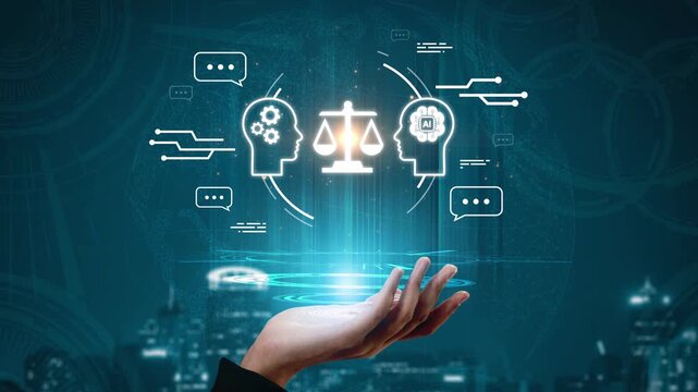 Abstract concept of artificial intelligence and law integration, depicting balance between technology and legal principles in a futuristic setting Gluon.