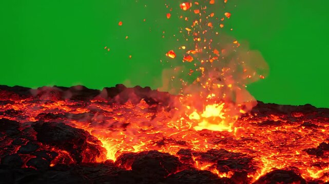 Molten volcanic lava flowing slowly with glowing orange embers and smoke isolated on a solid green screen background