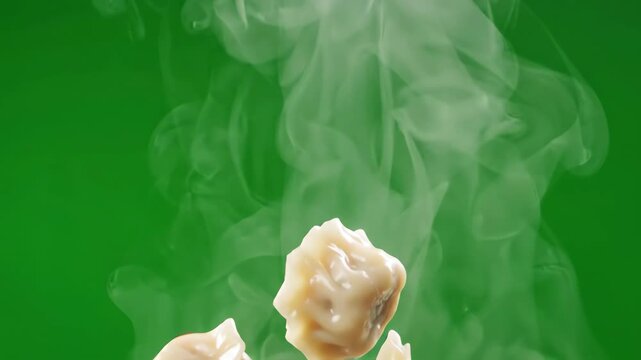 Multiple fresh steamed dumplings falling through the frame in slow motion against a bright green screen background