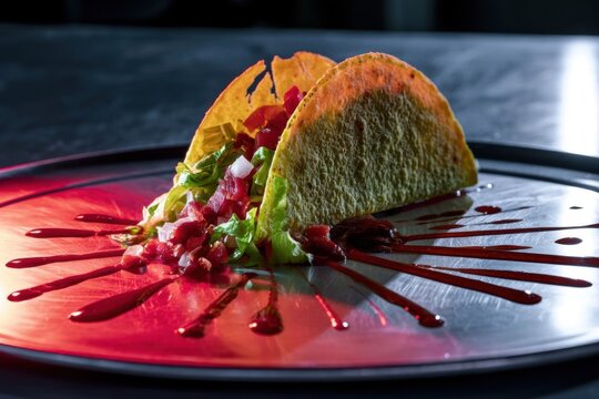 Hard shell tacos with fresh pico de gallo on a black plate with red sauce drizzle