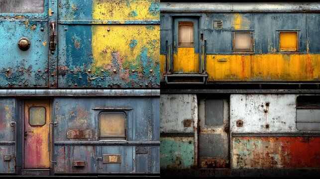 Aged and weathered train carriage exterior with peeling paint and rust, showing doors and windows