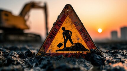 Weathered yellow and red construction warning sign on rough ground with excavator in at sunset © andyaziz6
