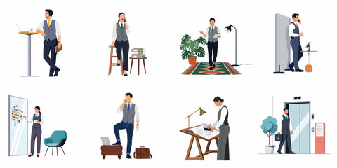 Fototapeta premium A set of professional business people in various office situations, including meetings, phone calls, and technical planning, in a flat vector style.
