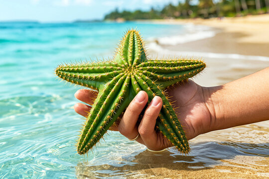 Hand holding starfish shaped cactus in shallow tropical seawater on sunny beach surreal summer nature travel concept