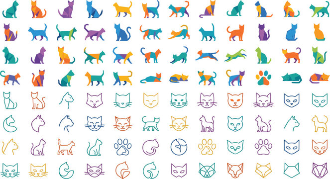 Big Set of Colorful Geometric Cat Silhouettes and Outline Feline Logo Vector Icons