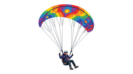 Person paragliding with a rainbow-colored parachute against a white background. © Denada