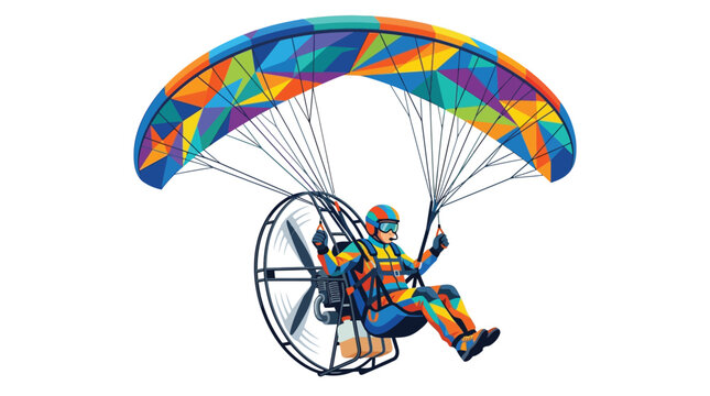 Paramotor pilot with colorful paraglider wing soaring through the sky with a large propeller behind.