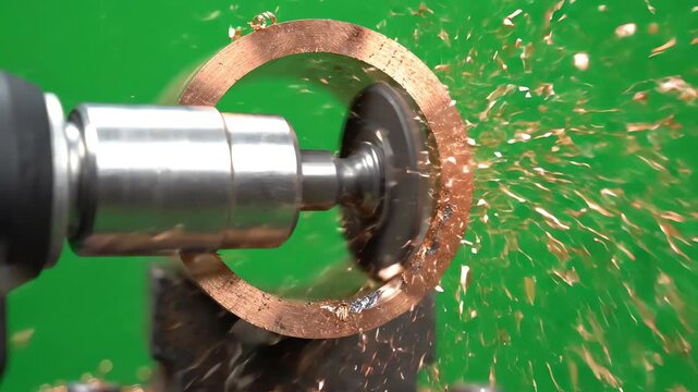 Pipe deburring tool rotating around the edge of a copper tube against a solid green screen background while removing sharp metal burrs and shavings