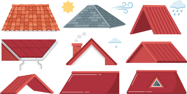 House roof types construction elements and weather conditions vector illustration set