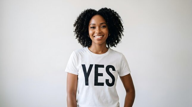 Smiling Young Black Woman Wearing White YES T-Shirt Isolated on White Background