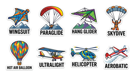 Collection of extreme sports and aviation illustrations including wingsuit, paraglide, hang glider, skydive, hot air balloon, ultralight, helicopter, and aerobatic. © Denada