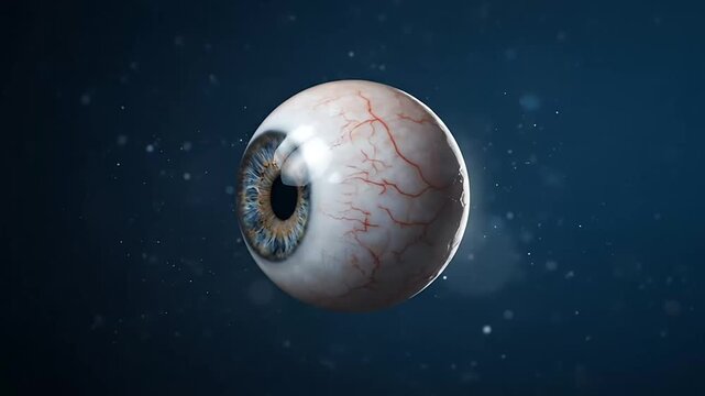 Animated sequence of human eyeballs rotating in space highlighting their detailed anatomy and textures