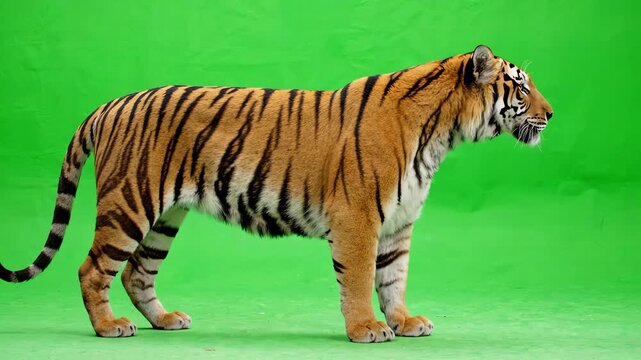Powerful Bengal tiger standing and looking around against a bright chroma key green screen background for visual effects