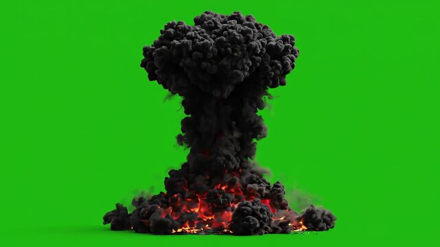 Powerful cinematic fire explosion with thick black smoke rising against a bright green screen background for visual effects