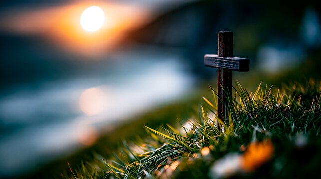 Single wooden christian cross standing in a green grassy meadow at sunset by the sea