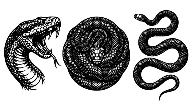 Detailed black and white snake vector illustration set featuring aggressive attacking cobra head with open mouth, coiled serpent, and crawling viper icon isolated on background.