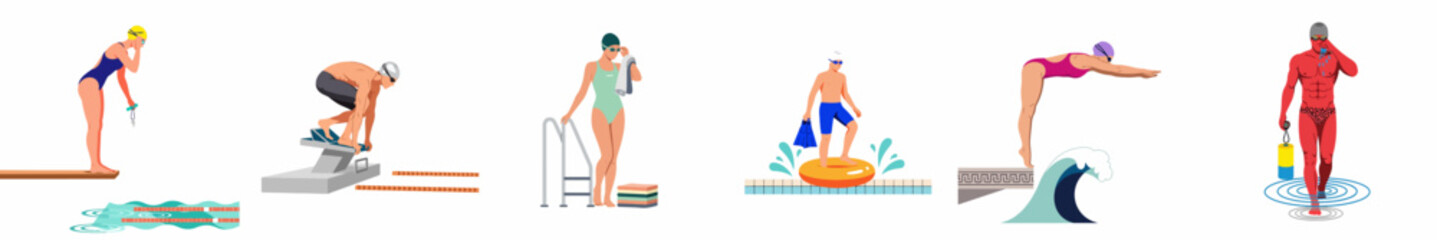 Diverse collection of swimming character illustrations featuring professional athletes and leisure swimmers engaged in various pool and water activities. © Mairiko