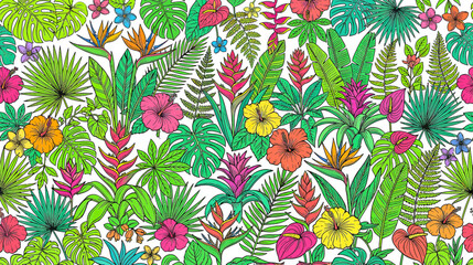 Vibrant Tropical Jungle Foliage and Exotic Flowers Pattern © milano
