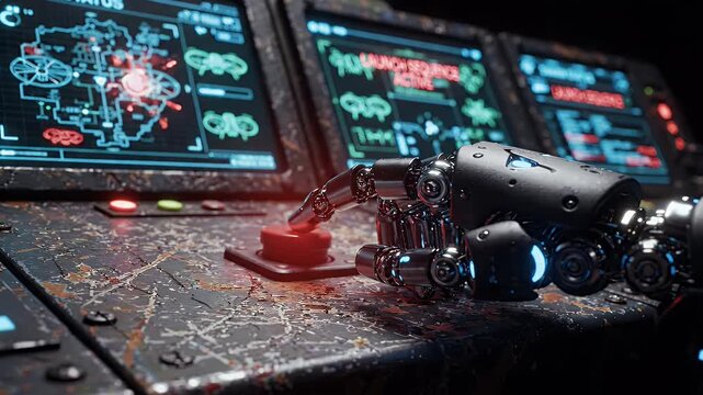 Robot Arm Activating Warfare Control Panel - A robotic hand presses a red button on a futuristic control panel displaying tactical maps and launch sequences.