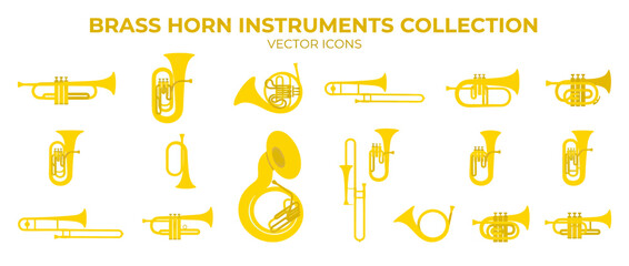 Obraz premium Yellow Brass Musical Instrument Icons Collection