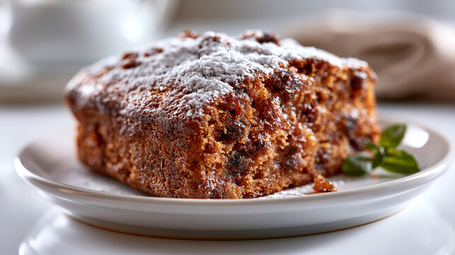 Slice of homemade fruit cake dusted with powdered sugar on a white plate, fruitcake