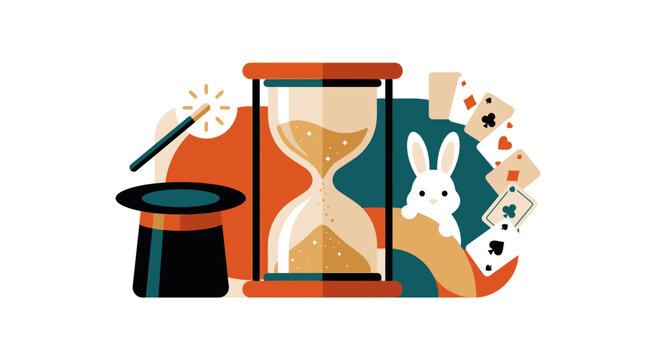 Magic Illusion Concept with Hourglass and Rabbit