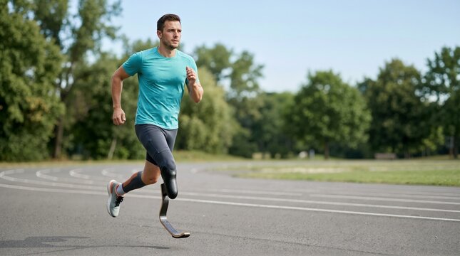 Male athlete with a running blade prosthetic jogging on an outdoor track. Disabled man doing fitness workout and running training in the park