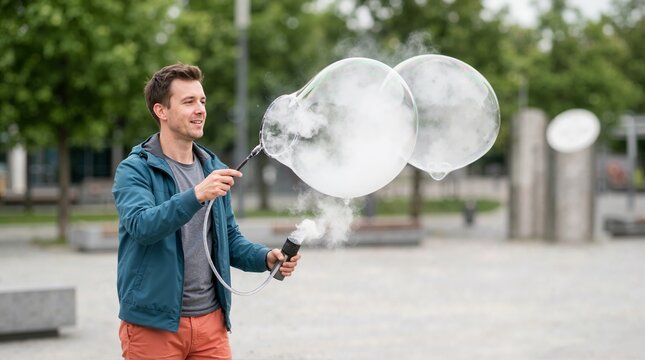 Male street performer making giant smoke-filled soap bubbles in a public square. Bubble artist using a large wand and smoke machine for outdoor entertainment. Creative urban performance concept