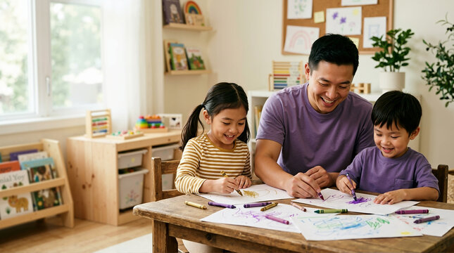 Happy dad drawing with his two kids using crayons at a wooden table. Father and children enjoying a creative coloring activity in a bright playroom