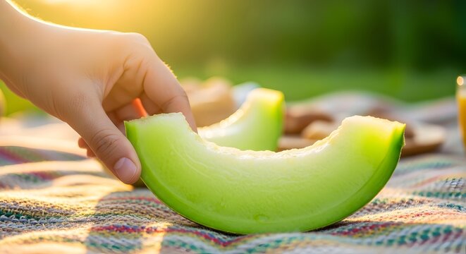 Hand reaching for a slice of fresh green melon on a picnic blanket outdoors.