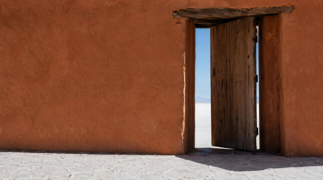 Minimalist Terracotta Adobe Wall with Open Wooden Door Revealing White Salt Desert View Mockup