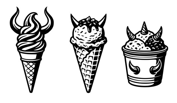 Spooky devil ice cream vector illustration collection featuring horns on soft serve cone, scoop waffle cone, and dessert cup isolated on background.